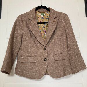 Anthropologie ETT Twa Brown Ivory Tweed Blazer Jacket Elbow Patch Women's Size 4